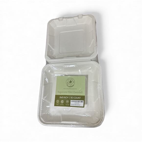 50 Pack 8x8 Compostable Clamshell Food Containers PFAS Free Bagasse Hinged Box - Picture 2 of 10